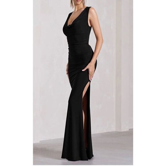 NWT CLUB L LOLITA BLACK RUCHED COWL-NECK SLEEVELESS MAXI DRESS sz 12 US - Picture 2 of 11